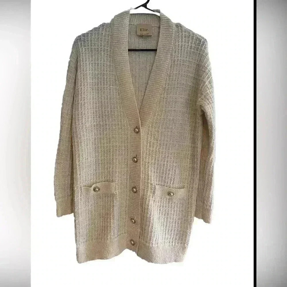 Elie Tahari Cream Pearl Button Long Knit Cardigan Sweater S - Picture 2 of 7